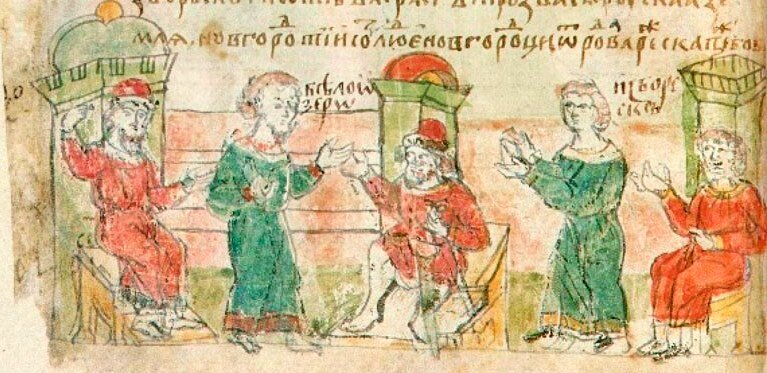Рюрик, Синеус и Трувор сидят на княжениях в Ладоге, Белоозере и Изборске. Миниатюра Радзивилловской летописи XV века.