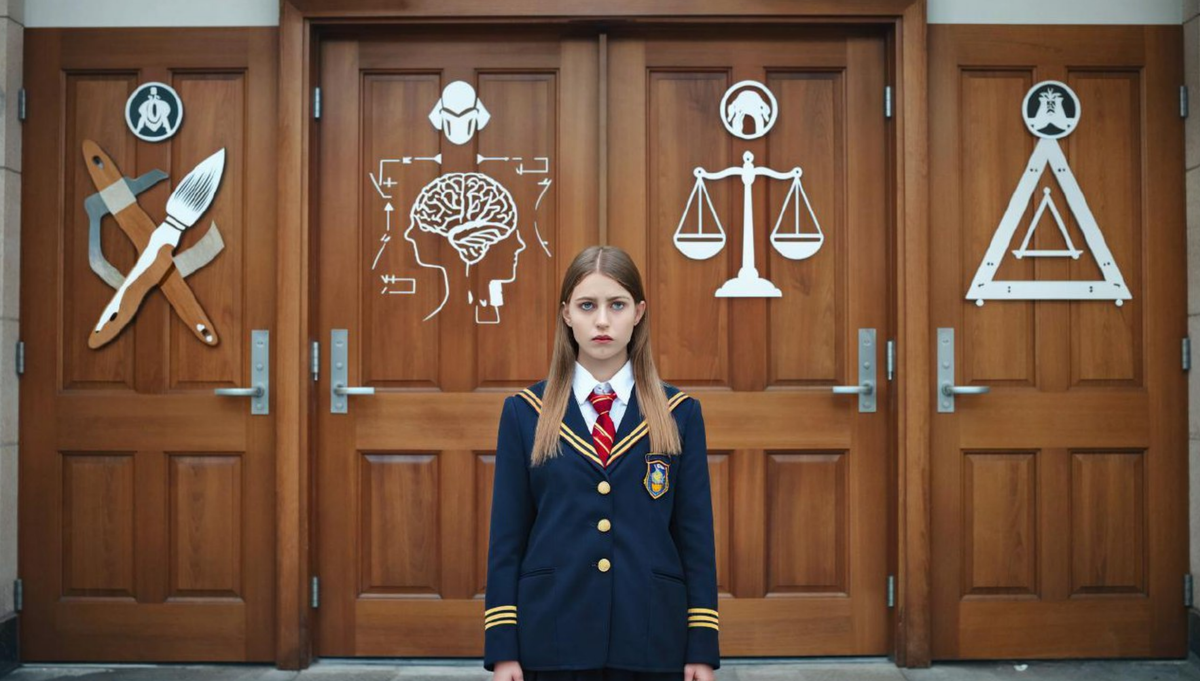 Выпускница перед выбором профессии: дизайн, психология, юриспруденция или архитектура — каждая дверь требует своих ЕГЭ в 2026 году.