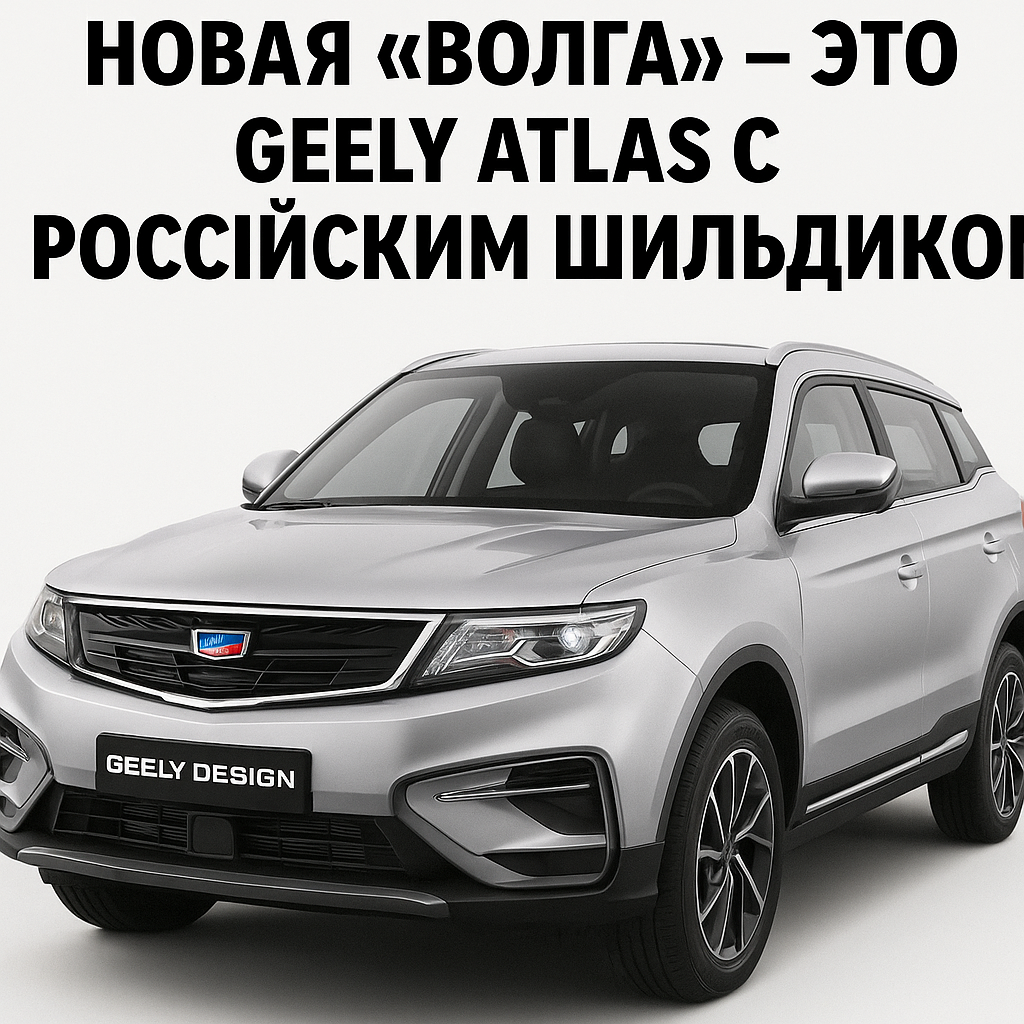 Крупный план новой «Волги» — кроссовера с логотипом Geely Design и российским шильдиком, символом возвращения бренда на рынок.