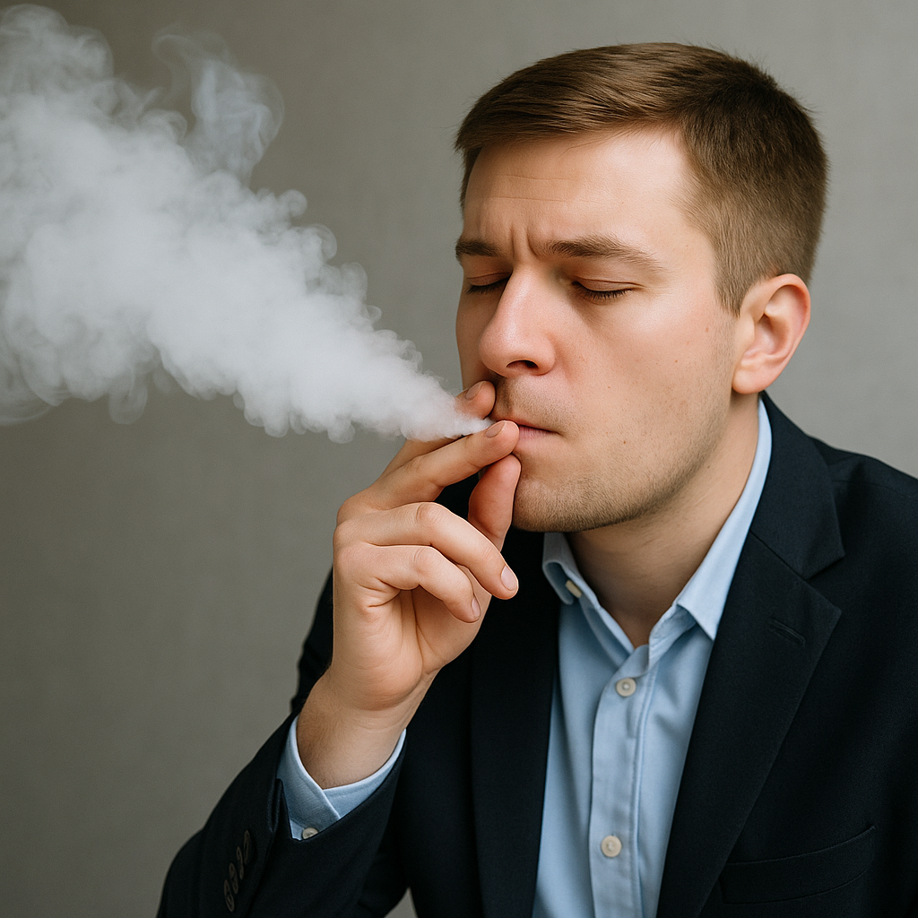 Молодой мужчина стоит в курилке и выпускает облако дыма — символ спора о границах личного и рабочего времени.