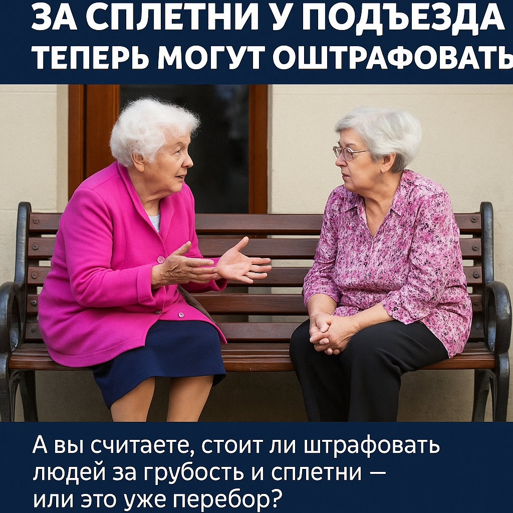 Две пожилые женщины сидят на лавочке у подъезда и оживлённо обсуждают соседей — символ типичных «разговоров у дома».