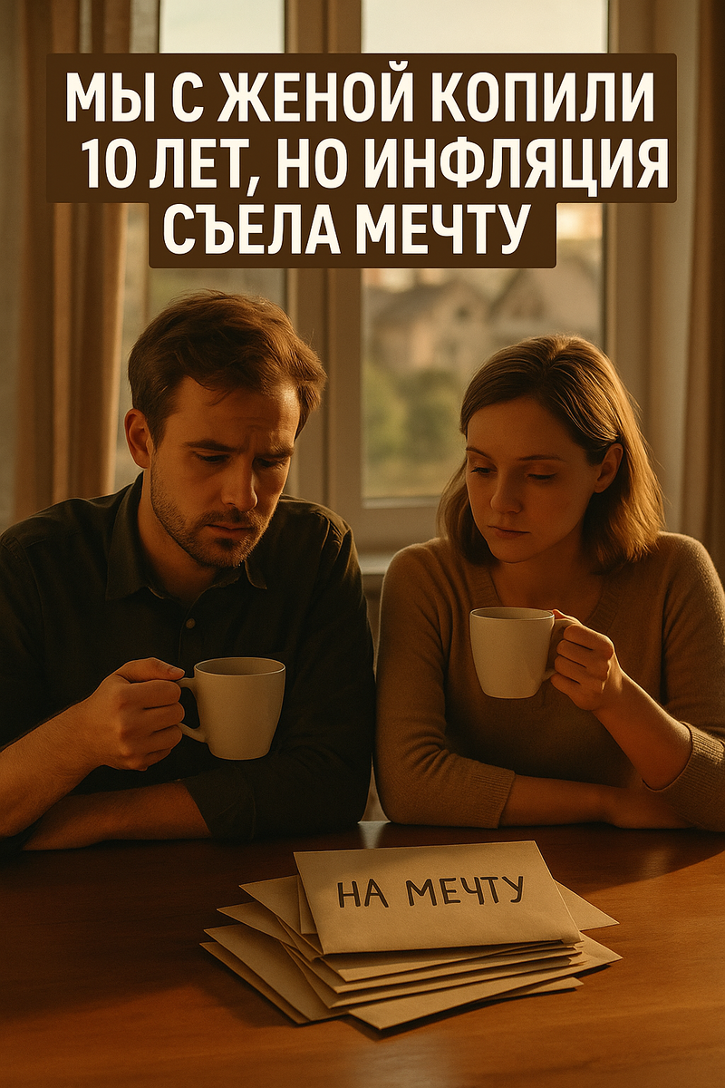 Мужчина и женщина сидят у окна с чашками кофе, перед ними стопка конвертов с надписью “На мечту” — символ потерянной, но осознанной цели.