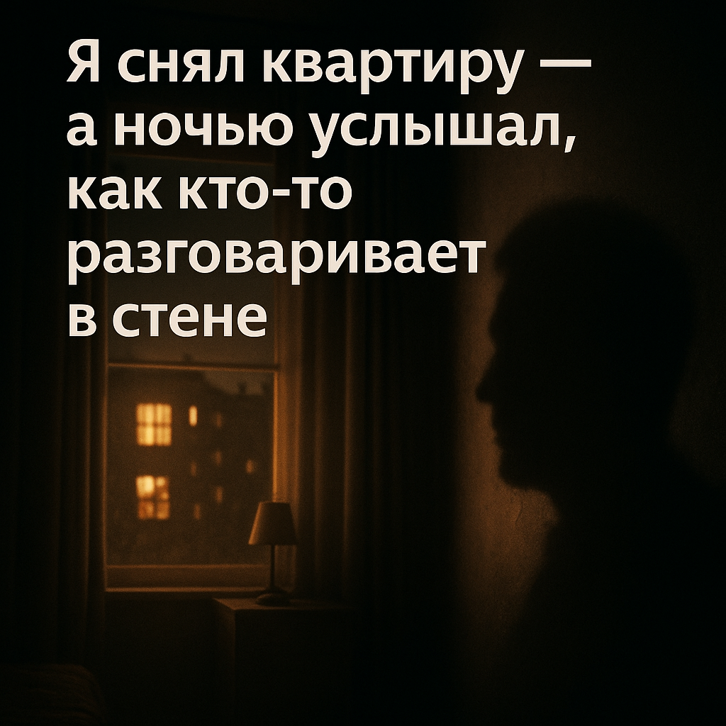 Атмосферный кадр ночной квартиры: мягкий свет из окна, на стене — тень человеческого профиля, будто изнутри. Лёгкий ужас, реалистичный стиль, тревожная тишина.