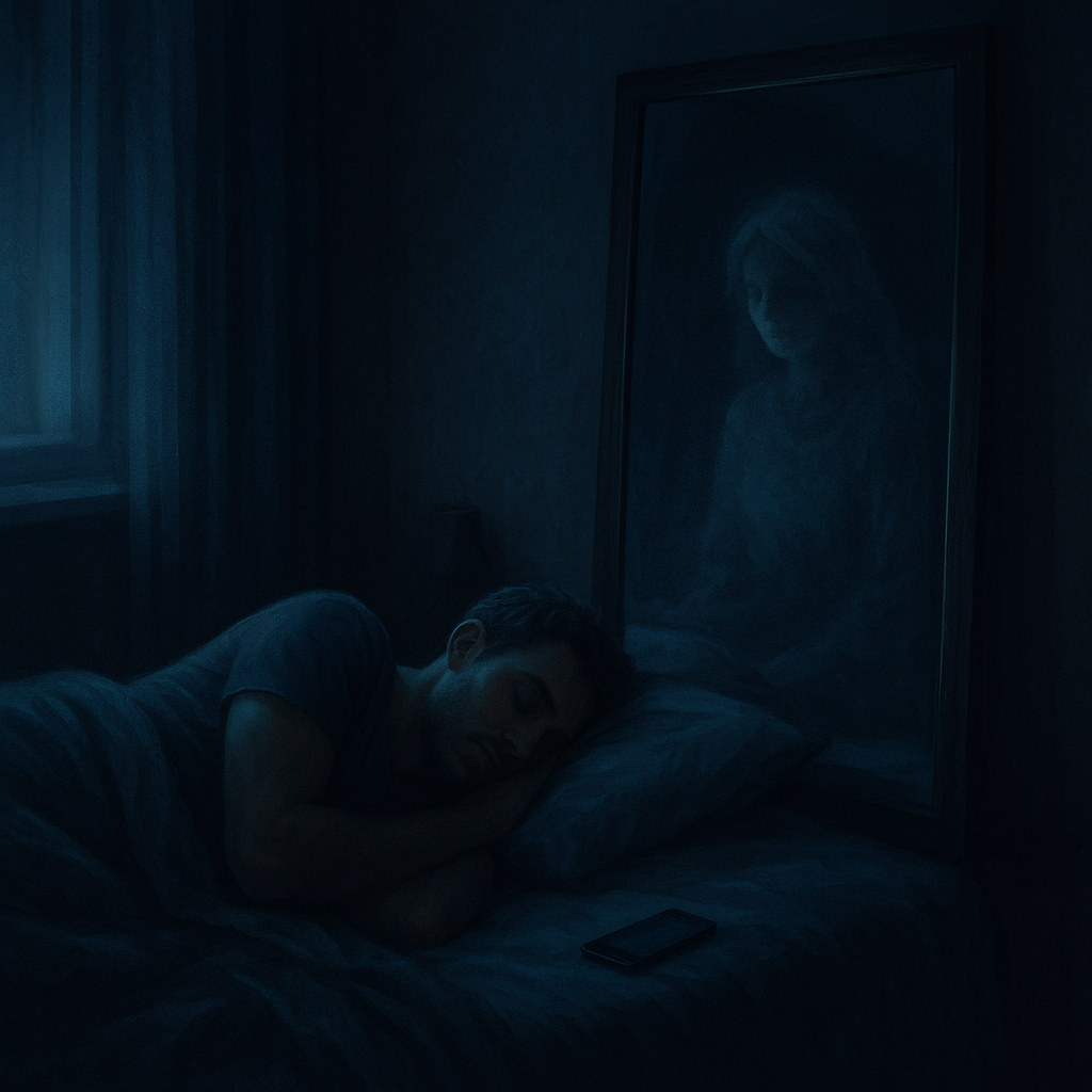 Тёмная спальня, синий ночной свет, на кровати лежит мужчина, а рядом — еле различимый женский силуэт, отражённый в зеркале. Атмосфера грусти и мистики, реализм, лёгкий блеск экрана телефона.