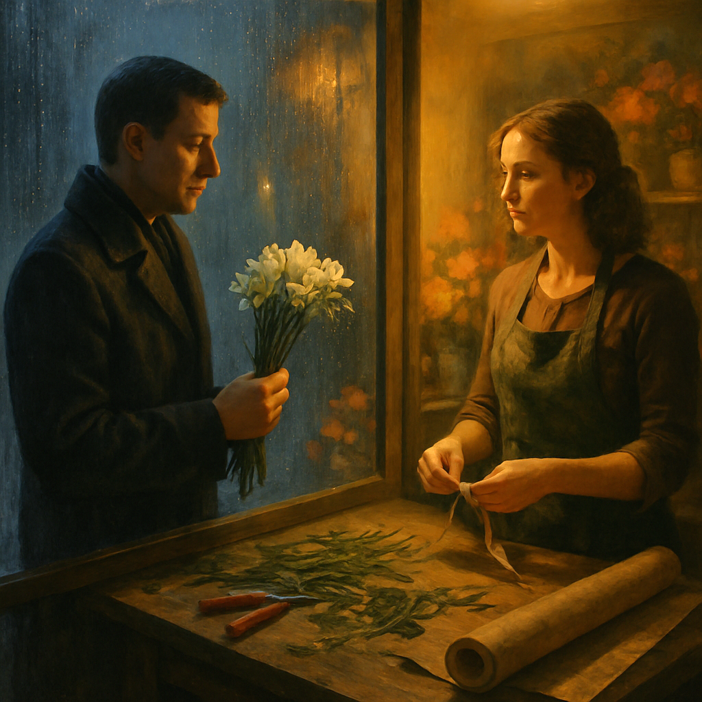 В руках у него был букет — белые фрезии, её любимые, хотя она никогда ему об этом не говорила