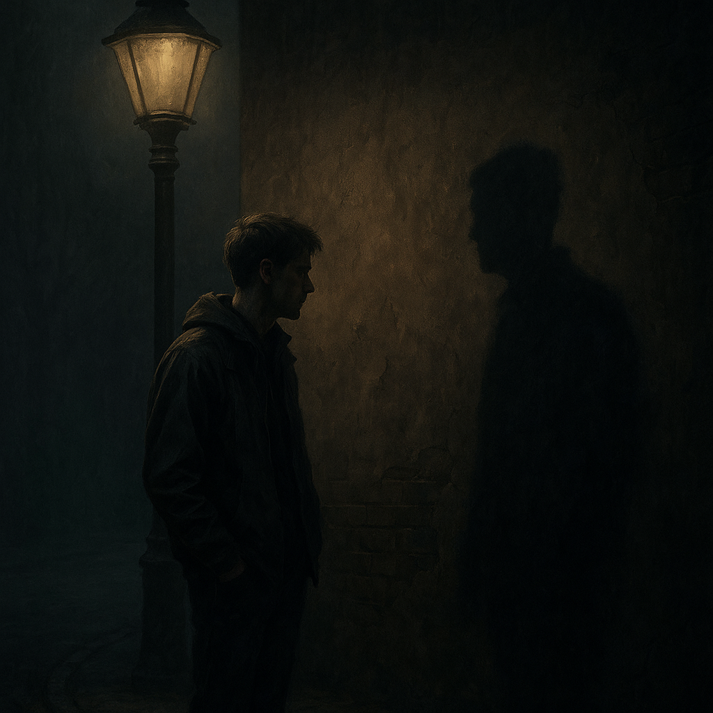 Мужчина стоит под уличным фонарём в тумане, на стене рядом — его тень, слегка сдвинутая в сторону, будто живёт отдельно. Атмосфера мистики, одиночества и осознания, реалистичный стиль, без текста.