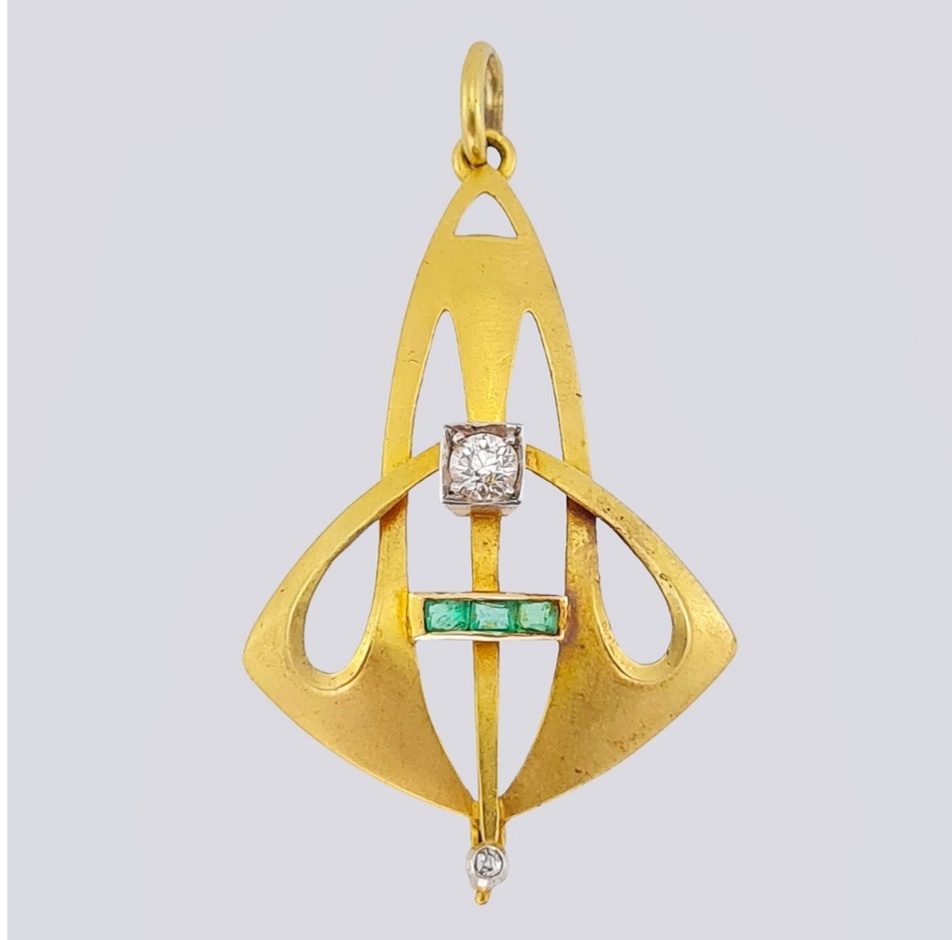 Подвеска золотая в стиле модерн с бриллиантами и изумрудами  начало 20 века ant-skazka.ru