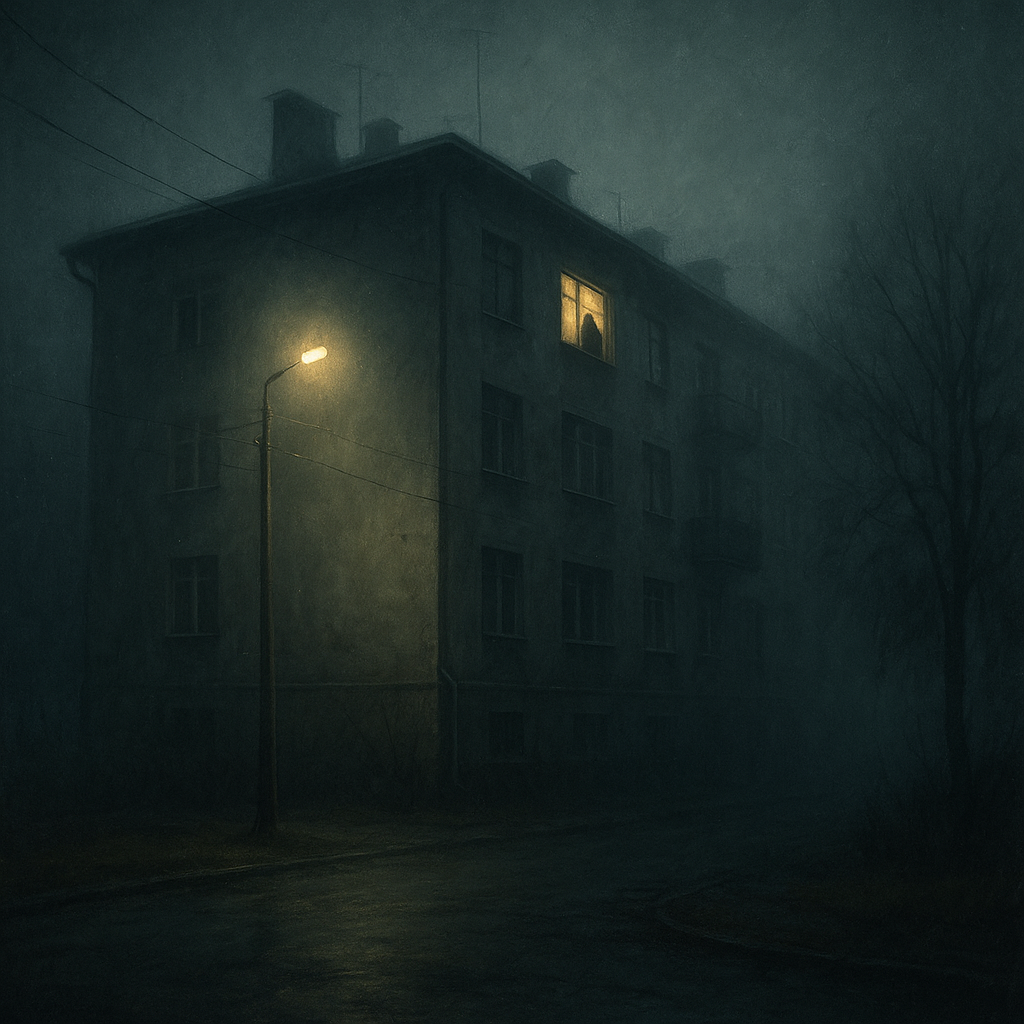 Старый советский дом в тумане, освещённый редким уличным фонарём. В одном из окон видно неясный силуэт мужчины, словно отражение из прошлого. Атмосфера тишины, тревоги и потери. Без текста, реалистичный стиль.