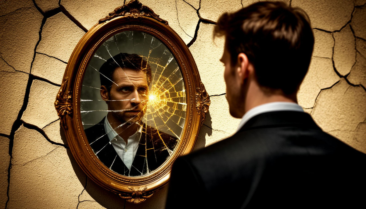 Мужчина смотрит в треснувшее зеркало, из которого вместо отражения тянется цепкая тень нужды, но при ближайшем рассмотрении видно, что эта тень — лишь иллюзия, сотканная из паутины страха и сгустков несбывшихся мыслей, растворяющаяся в золотом свете, льющемся из настоящего источника изобилия, всегда находившегося за спиной.