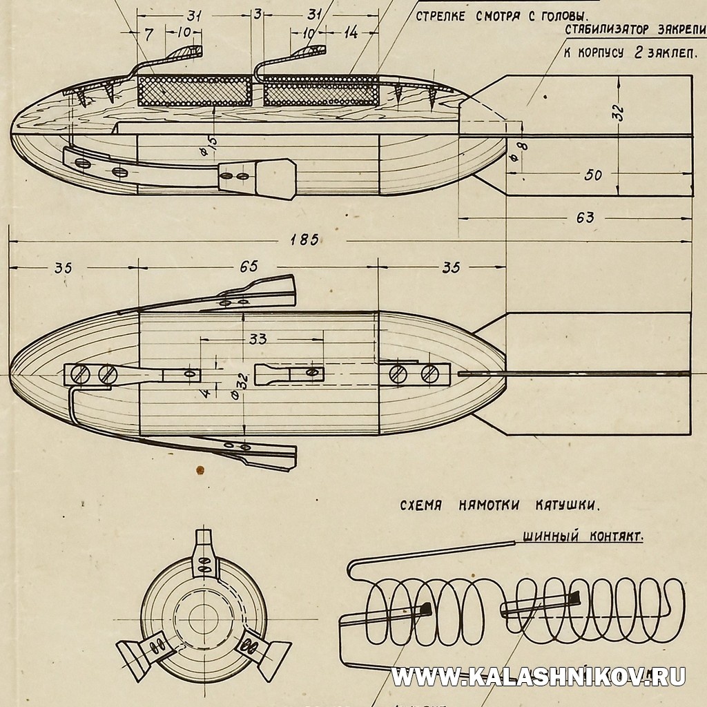 Схема устройства снаряда РЭСО-1 тип «С» к орудию ЭСО-1. ВИМАИВиВС