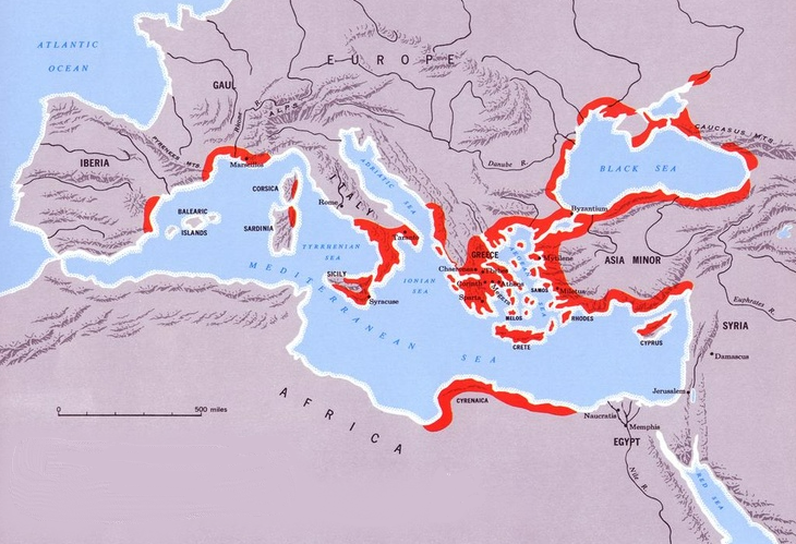 Рис. 2. «Греческий мир» – Греция и греческие колонии в середине VI века до н.э. 