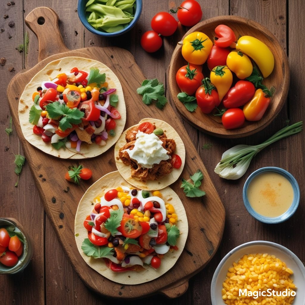 «Все ингредиенты готовы к использованию: курица, перец, помидоры, кукуруза, фасоль и сыр.»