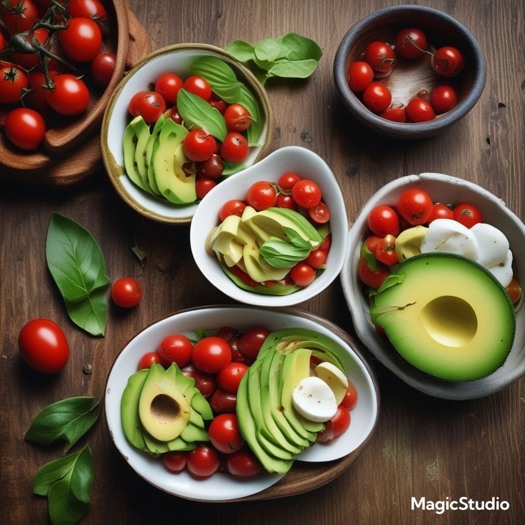 «Все ингредиенты готовы к сборке: авокадо, томаты и моцарелла.»