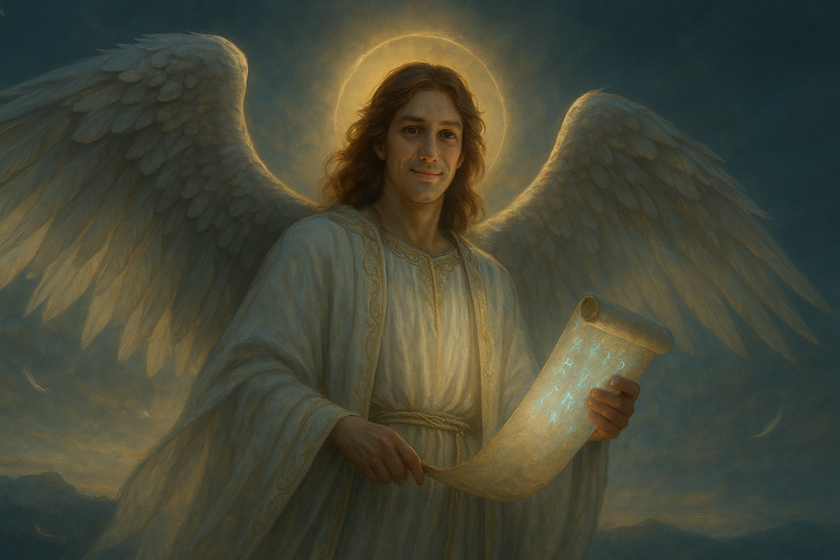 "Архангел Гавриил в сиянии света держит древний свиток с рунами. Добро, мудрость и вдохновение для всех, кто ищет знак судьбы."
