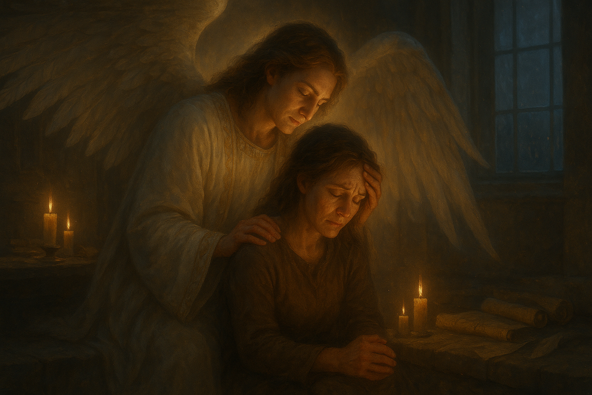 "Архангел Гавриил утешает человека на пороге дома: мягкий золотой свет, переливы рун и эмоциональная сцена в стиле кинематографичного фэнтези. Искусство, которое дарит ощущение защиты и тепла."
