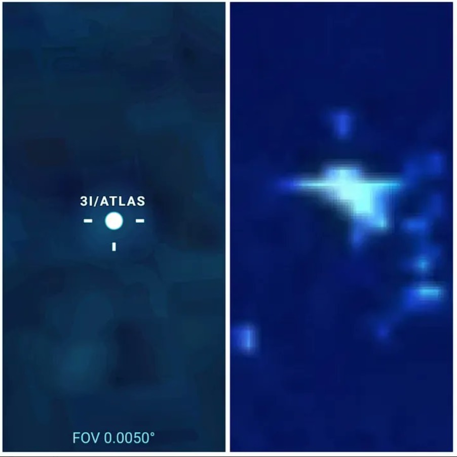 Слева изображёние соответствует стандартному представлению 3I/ATLAS положения в поле зрения Справа виден неравномерный световой узор и геометрические формы, которые не соответствуют ожидаемому виду кометы