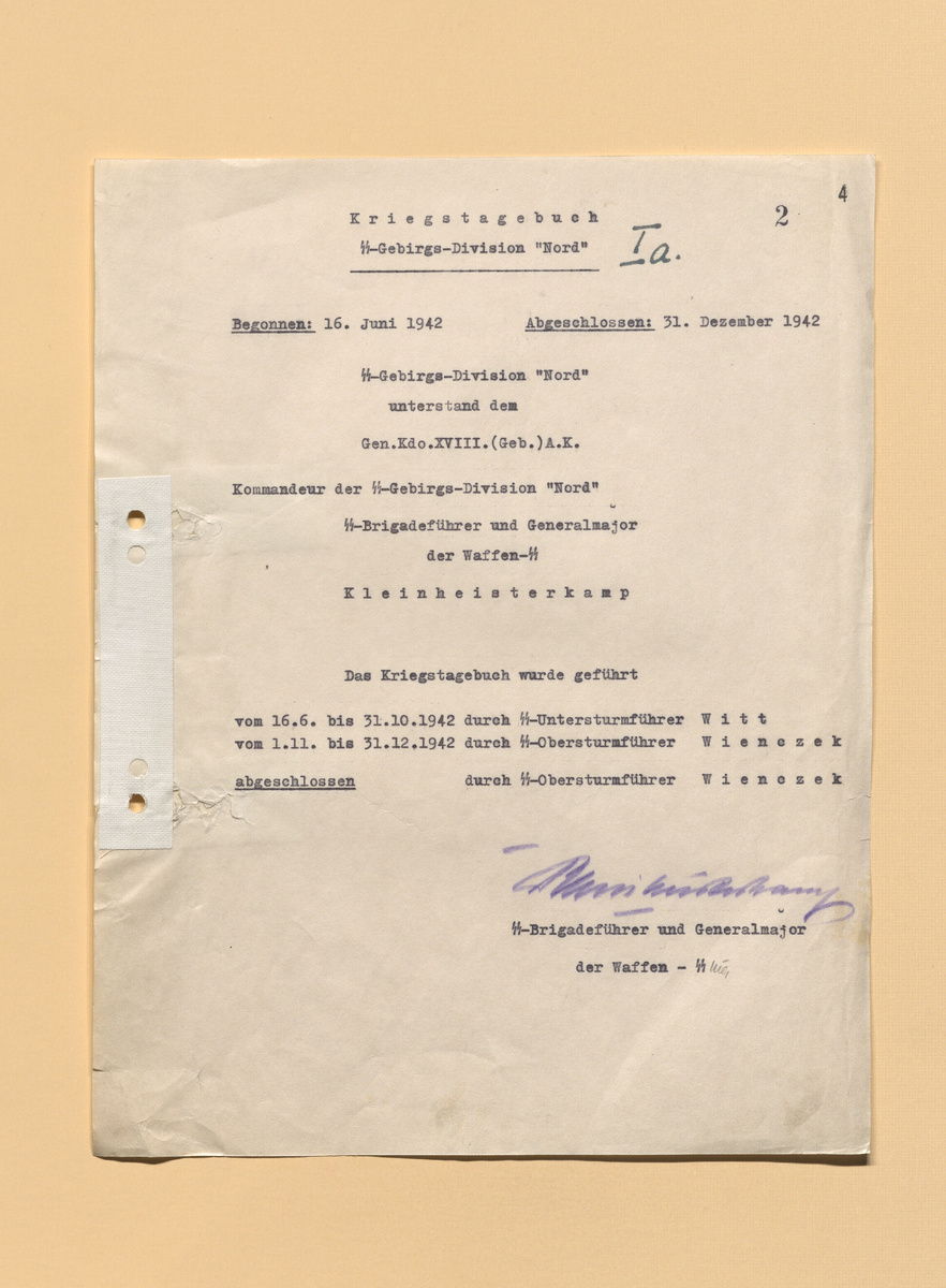 Журнал боевых действий горной дивизии СС "Норд". Начат: 16 июня 1942. Завершён: 31 декабря 1942. Горная дивизия СС "Норд" подчинялась 18-му (горн.) АК. Командио горной дивизии СС "Норд" бригадефюрер СС и генерал-майор войск СС Кляйнхайстеркапм. Журнал вели: с 16.6. по 31.10.1942 унтерштурмфюрер СС Witt, с 1.11. по 31.12.1942 оберштурмфюрер СС Wienczek