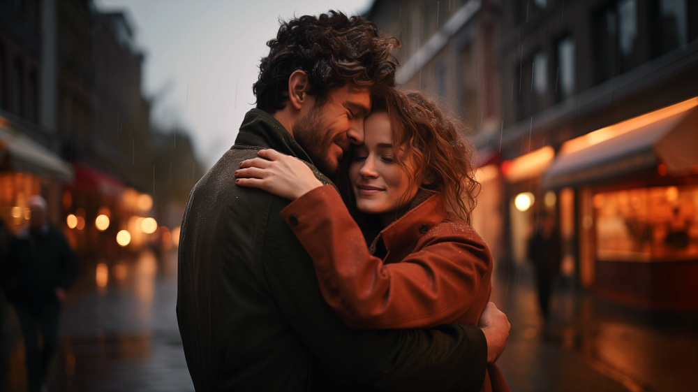 Мужчина и женщина обнимаются на улице вечером — искренние чувства, тепло и близость, отличающие настоящую любовь от простого флирта.