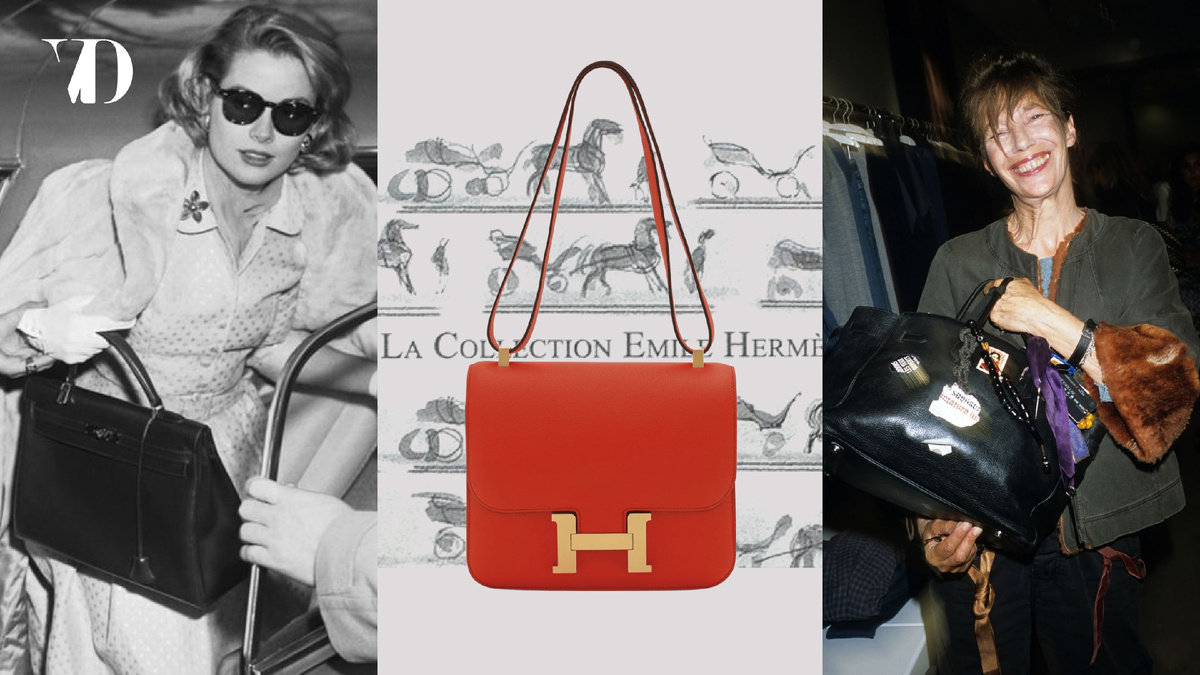 Грейс Келли с сумкой Sac à dépêches (официально переименована в 1977 в Kelly bag); сумка Constance; Джейн Биркин с сумкой Birkin.