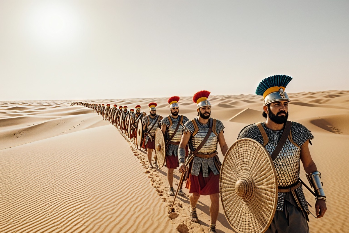 Среди бескрайних золотых дюн Ливийской пустыни под палящим солнцем бесконечной змеей движется колонна персидских воинов в полной экипировке 525 г. до н.э