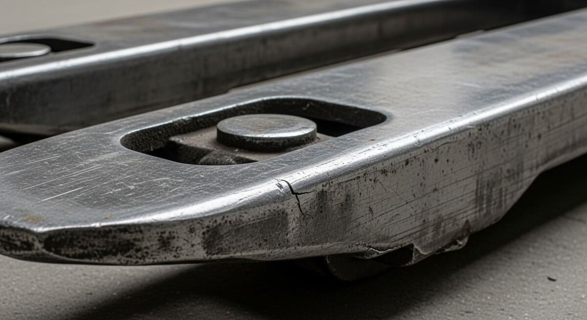 Повреждённая вилка гидравлической тележки из-за перегрузки