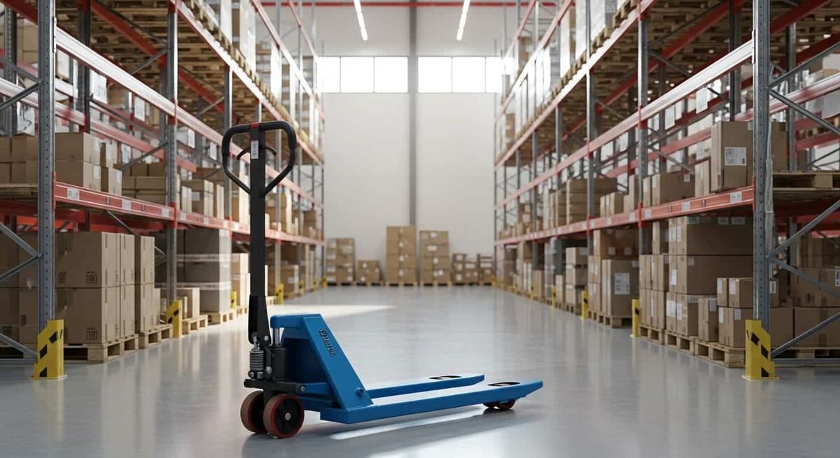 Ручная гидравлическая тележка (рохля) в современном складском помещении