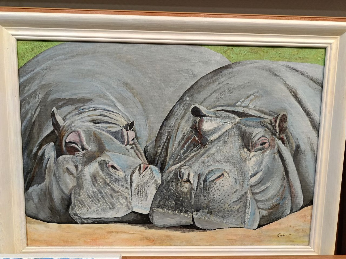 Полная умиротворения картина Е. Синаша "Два друга бегемота"