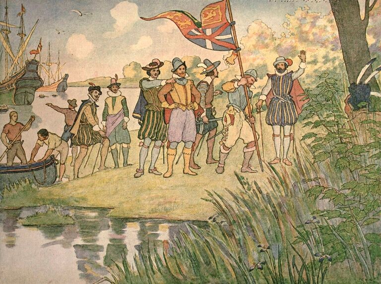 Прибытие капитана Джона Смита в Джеймстаун в 1607 году. 1906. Художник Элмер Бойд Смит (англ. Elmer Boyd Smith, 1860 — 1943). Нью-Йоркская публичная библиотека