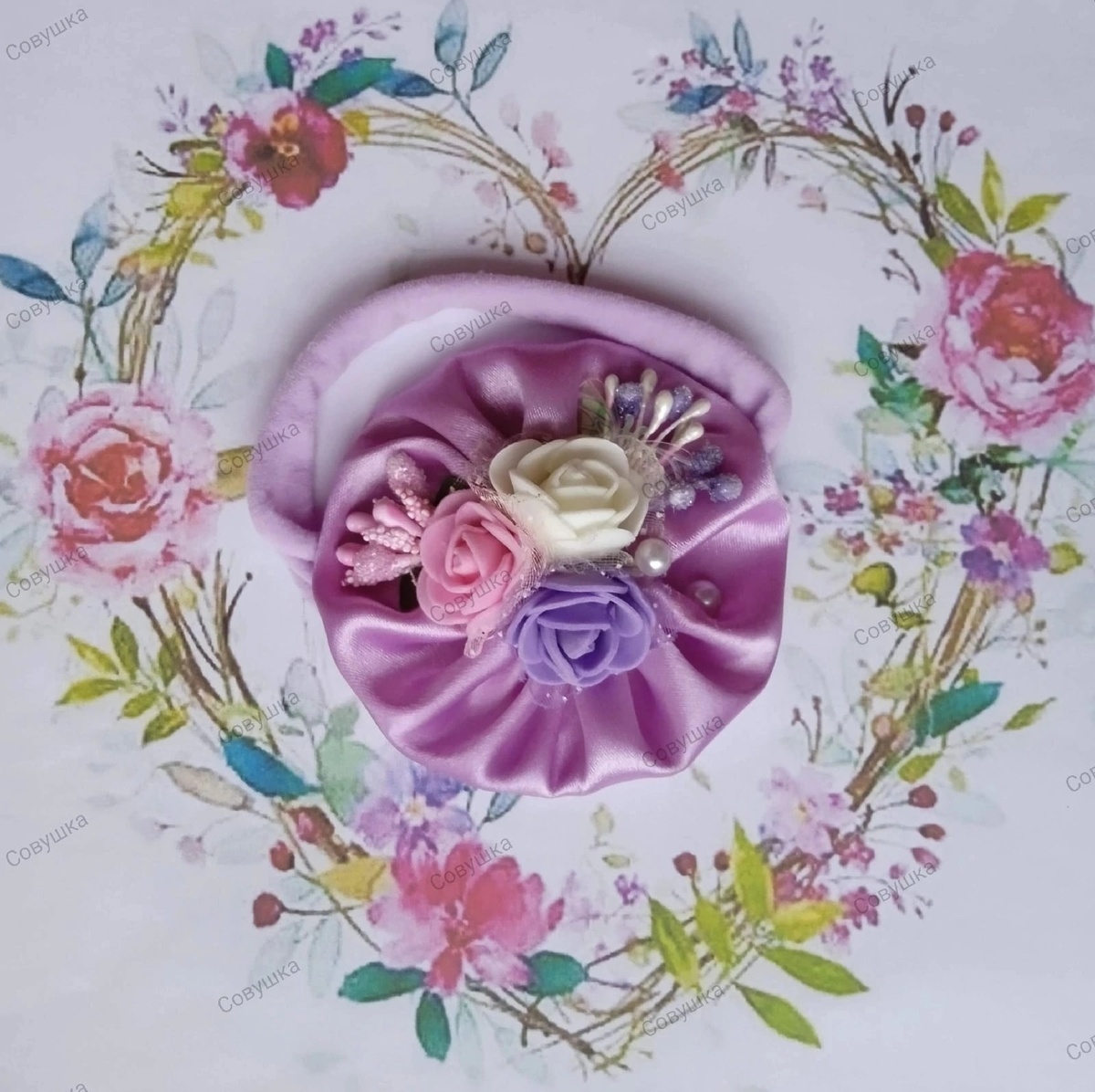 Авторская повязка для малышки на резинке one size, выполнена в тканевой технике "Йо-йо"