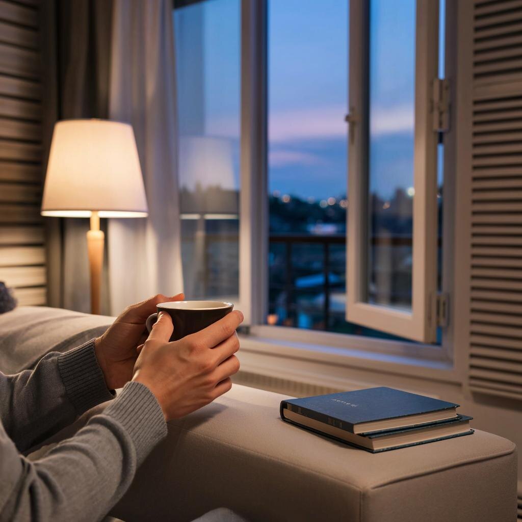 Руки с чашкой, вечер, закрытая книга — символ отдыха без притворства