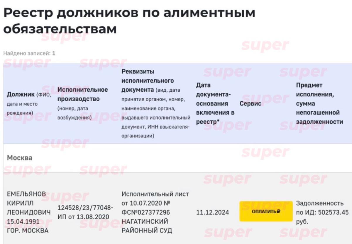    Информация о задолженности Кирилла Емельянова по алиментам. Скриншот: официальный сайт ФССП