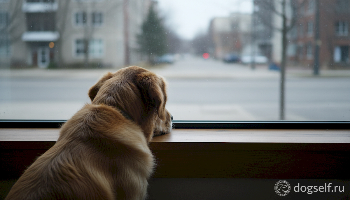 Тот самый «малыш», который перешёл в режим активного ожидания. Он не спит, он – на «вахте» | Собака одна дома сидит у окна и скучает – иллюстрация метафоры о том, как собака ждёт хозяина с работы | Изображение: DogSelf