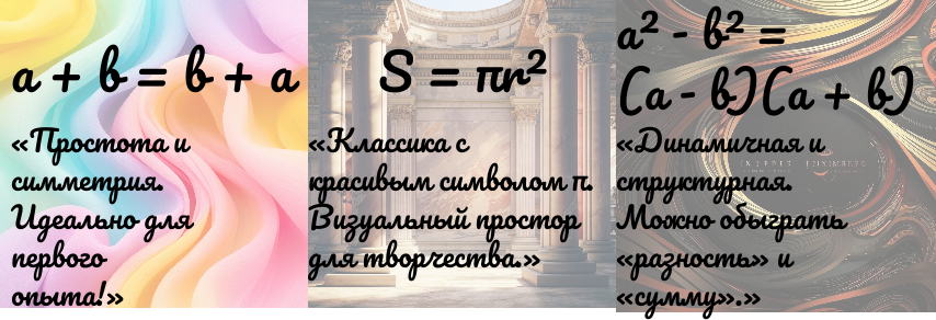 Выберите формулу, которая нравится визуально. Ее симметрия и структура — это будущая композиция вашего плаката..