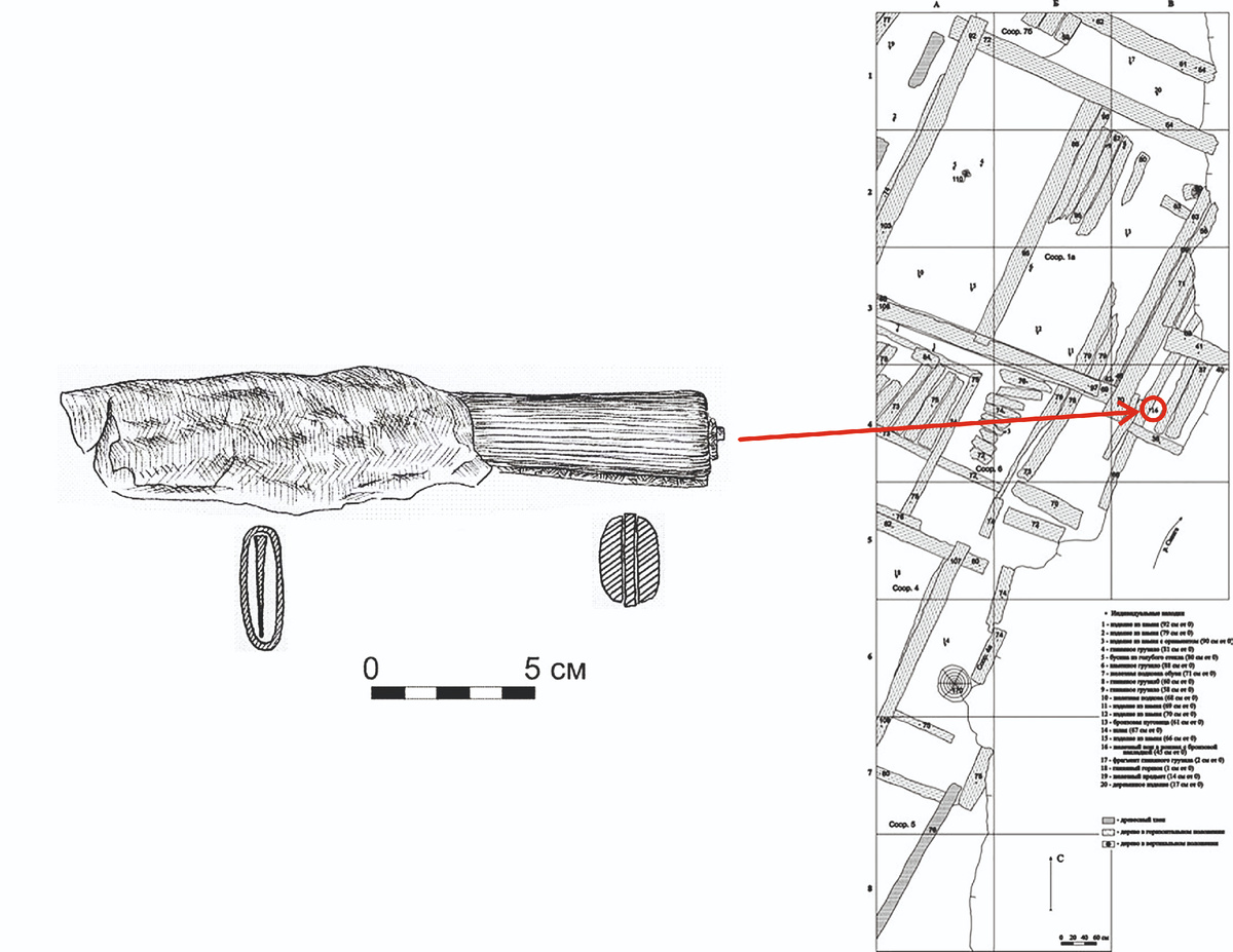 Ил. 2. Железный нож с деревянной рукояткой и кожаным чехлом и место его обнаружения (по археологическому отчету).