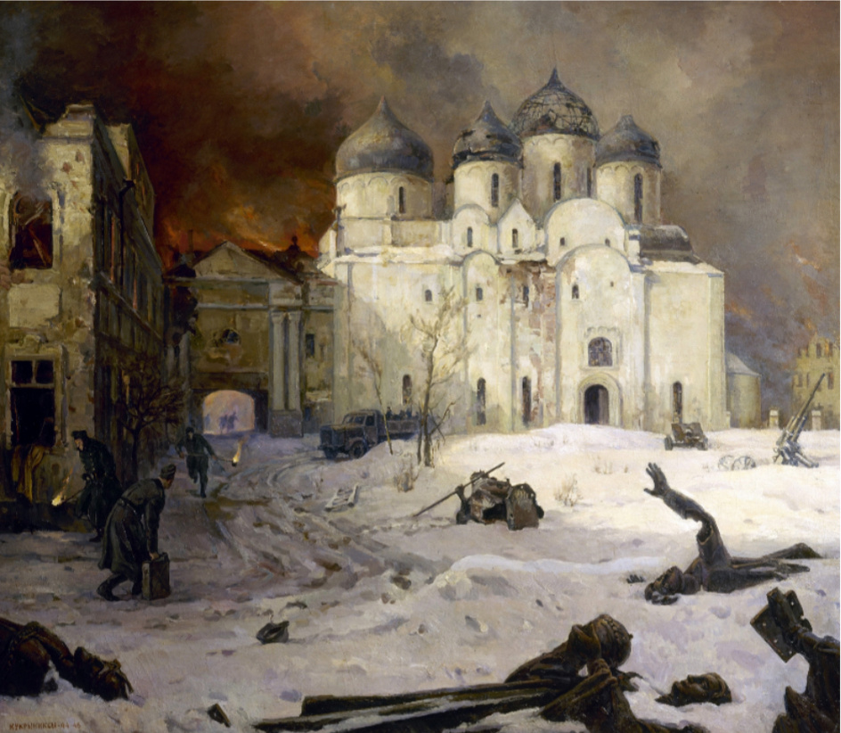 Бегство фашистов из Новгорода. Кукрынинсы, 
1944–1946. Источник: https://rusmuseumvrm.ru/data/collections/painting/19_20/zh_5565/index.php
