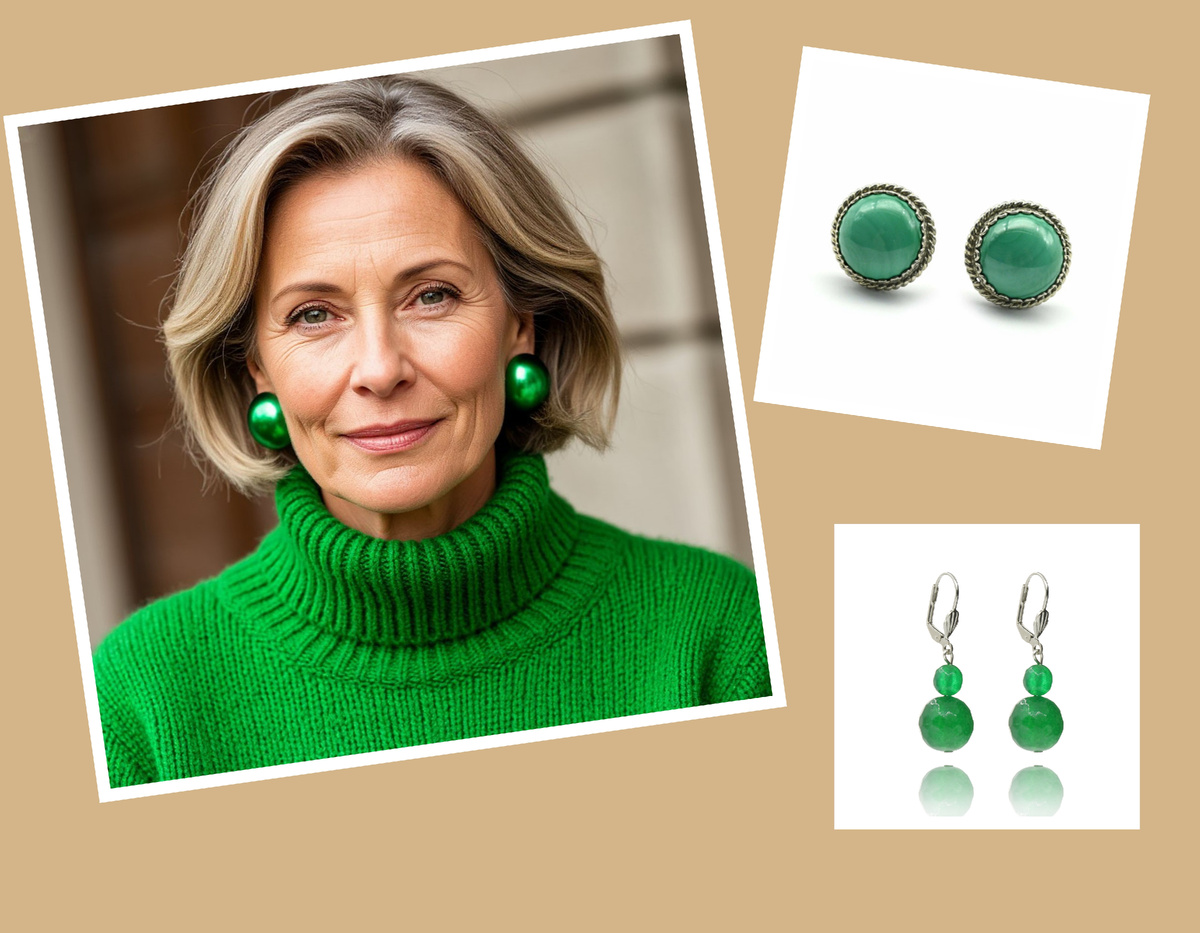 Смотрите на фактуру свитера. Она матовая, ворсистая. Поэтому гладкие и блестящие серьги в данном случае очень сильно кричат, спорят с фактурой свитера. К тому же они слишком крупные для такой вязки. Выбирайте среьги среднего размера, матовые или с естественным блеском, непрозрачные. Примеры справа.