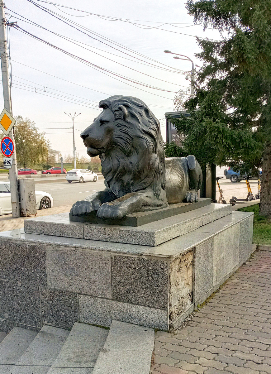 Лев, охраняющий вход на Театральную площадь. Маленький конфуз: одна плитка на постаменте куда-то исчезла. 