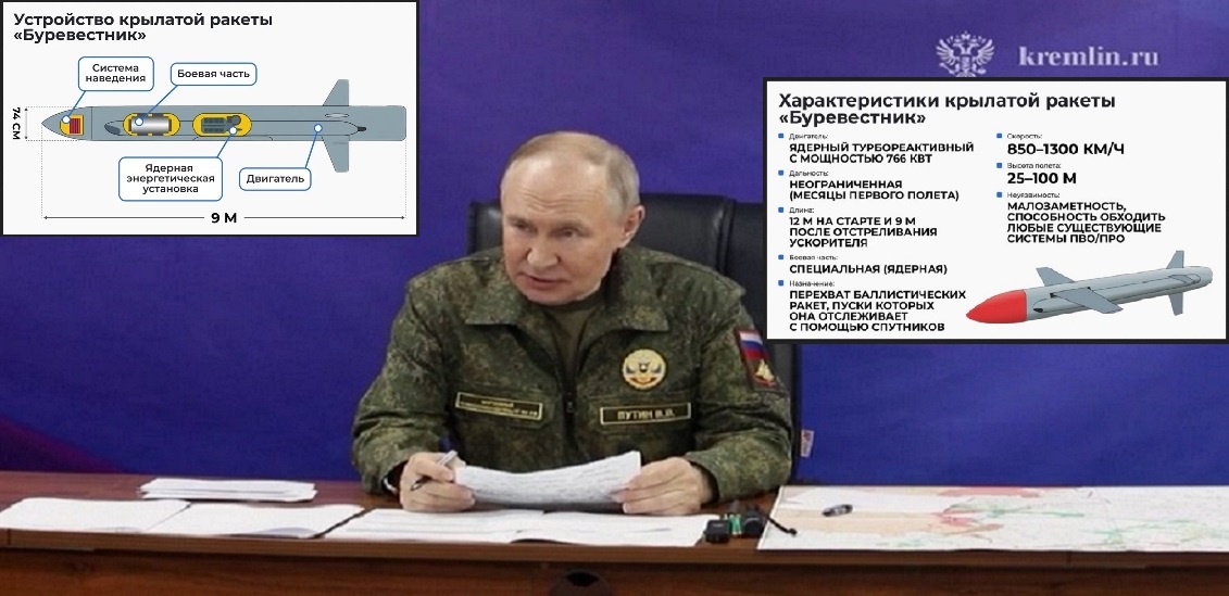 НАМ СКРЫВАТЬ НЕЧЕГО.. 26.10.2025г В.Путин заявил о завершении испытаний крылатой ракеты с ядерной энергетической установкой "Буревестник". Теперь российская система возмездия "Мёртвая рука" стала ещё и неограниченной по времени для ответного удара. (материал из открытых источников)