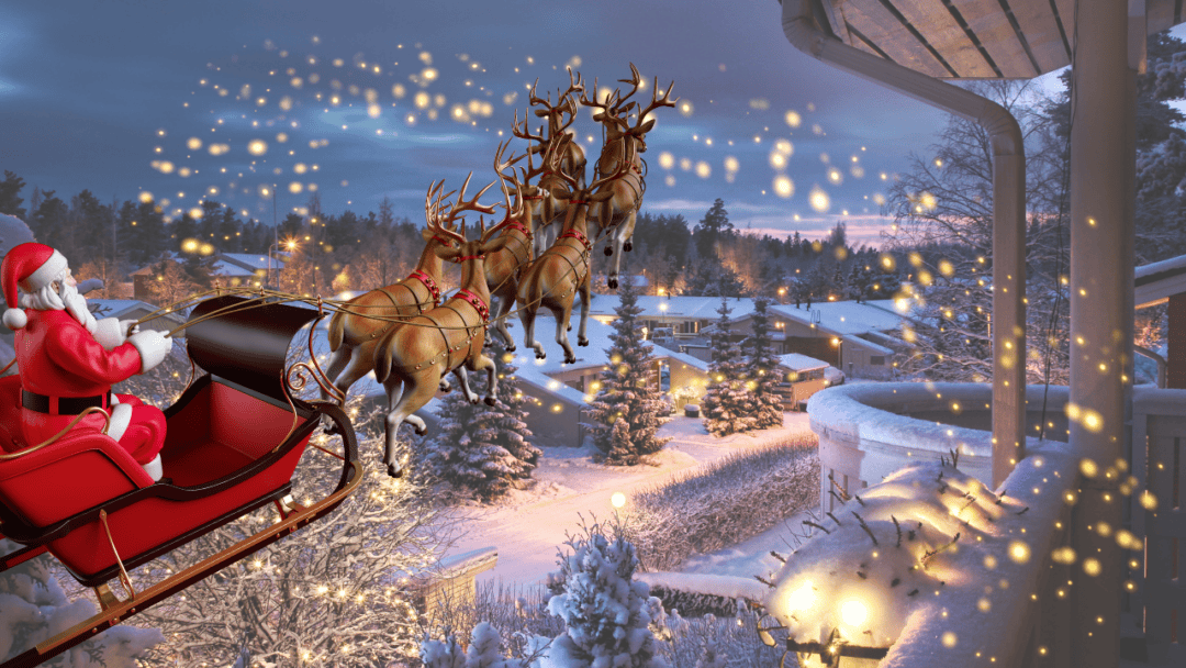 Рождественская сцена. Олени везут сани Санты.