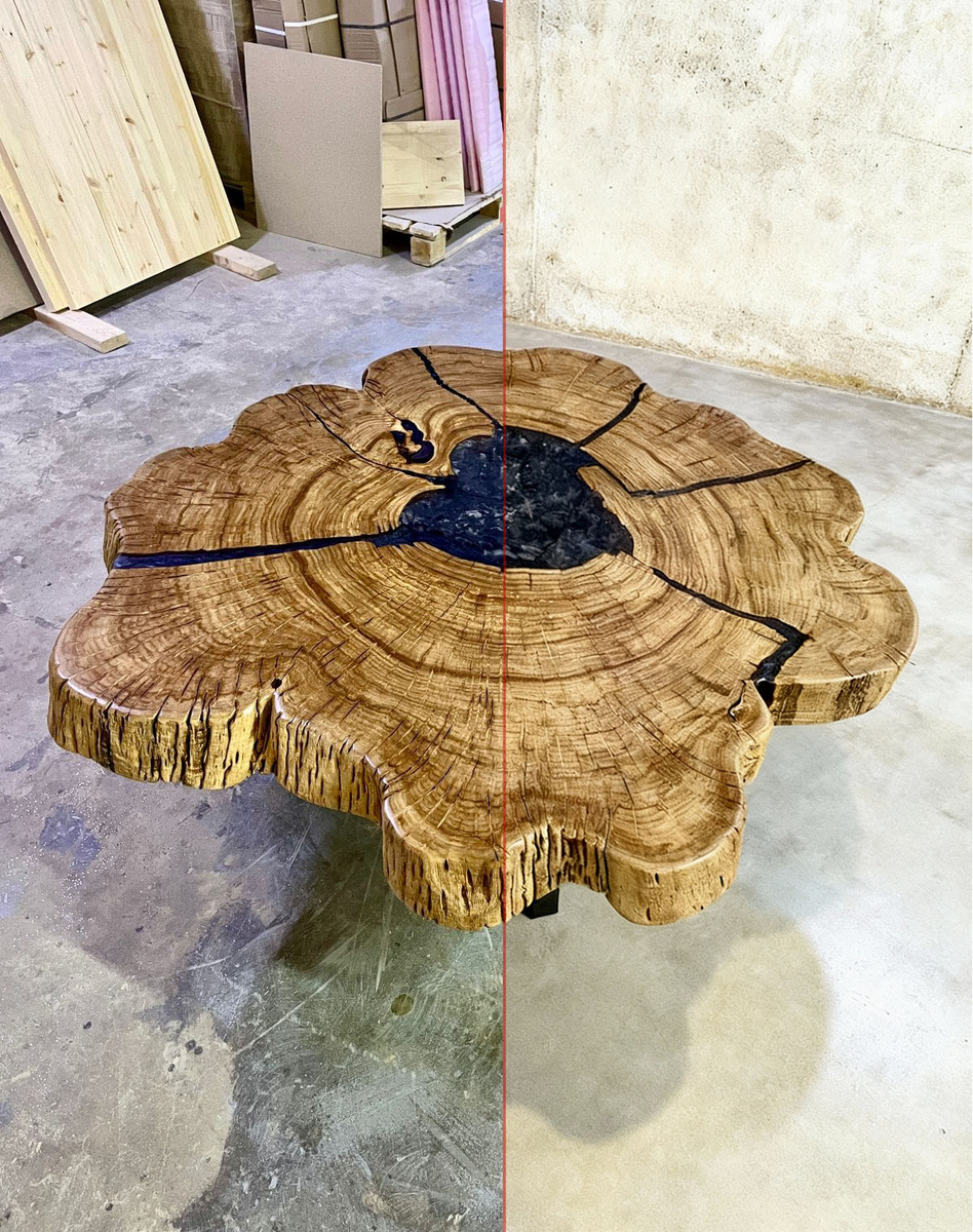 Левая сторона - фото в цеху. Правая сторона - с ИИ обработкой, в том числе убраны блики от осещения.