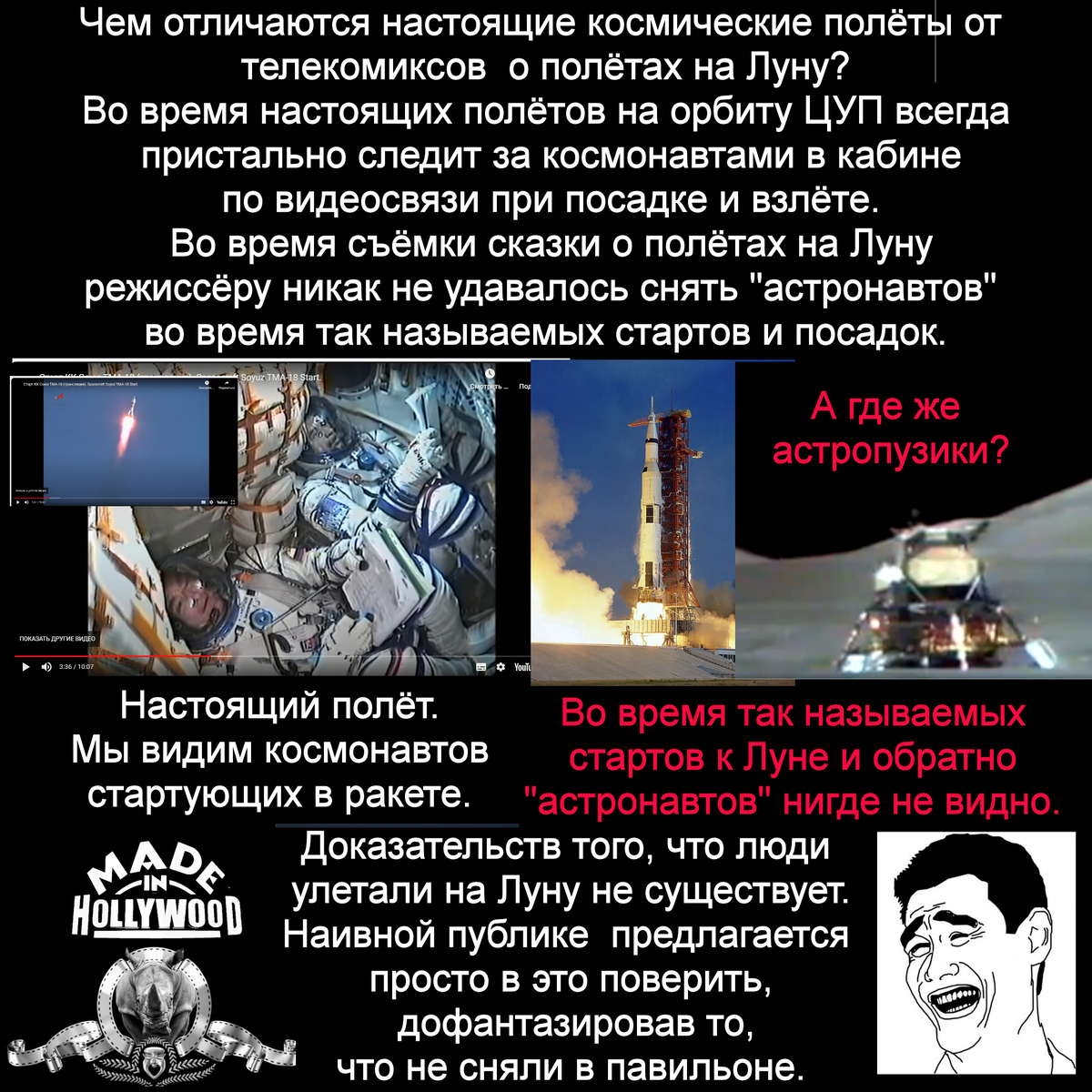 Ни в одном ролике про якобы старты и высадки "астронавтов" самих "астронавтов" нет!