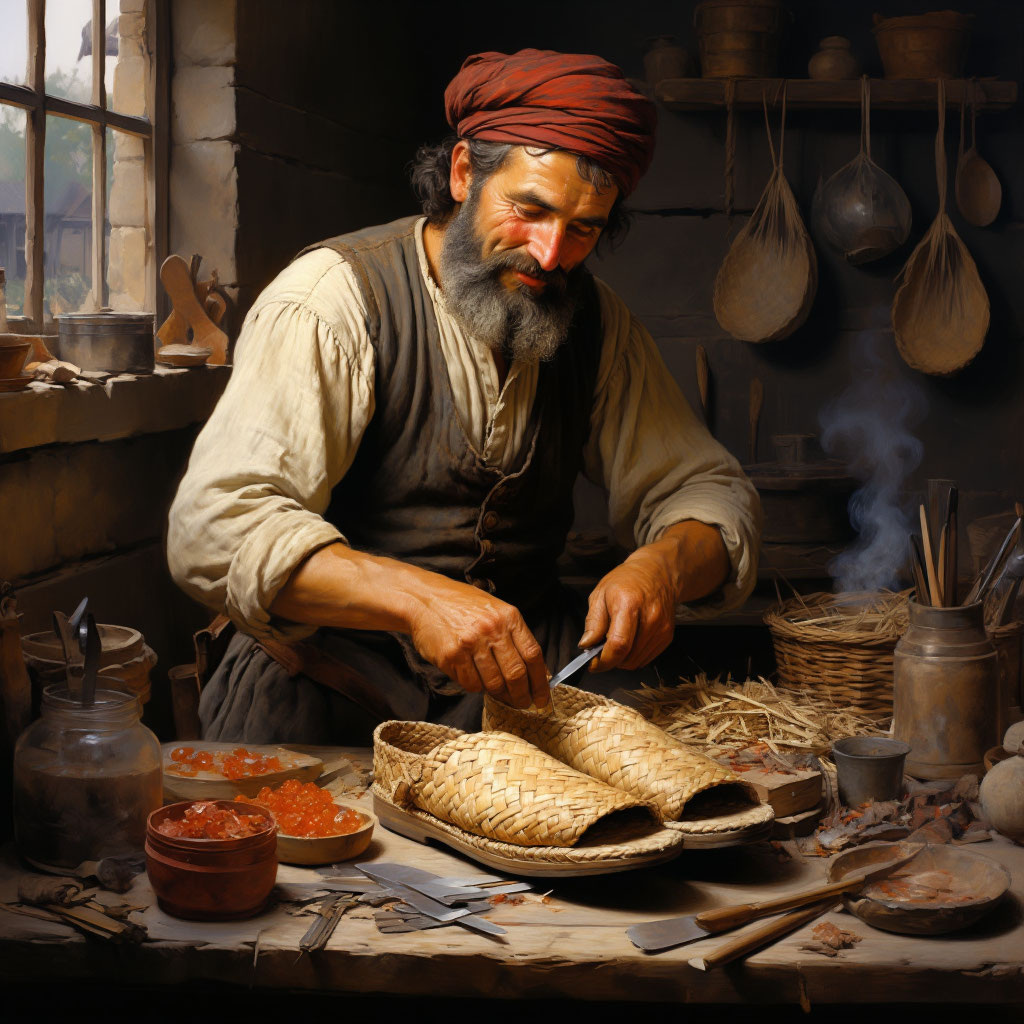 Картинку нарисовал ИИ забавную). Лапти - вообще просто смех😂 Крестьян, пожирая икру красную, плетет сланцы😂