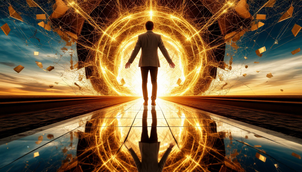 Величественный момент квантового перехода: человек делает шаг сквозь зеркальную поверхность, с одной стороны покрытую паутиной нужды и тенями пустых кошельков, а с другой стороны раскрывающуюся в сияющий вихрь золотых возможностей, где каждый осколок старой реальности становится частицей строящегося моста в новое измерение изобилия.