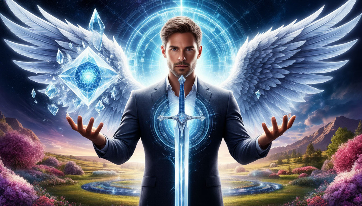 Величественный творец, в руках которого три ключевых элемента сливаются в единый поток: из левой ладони возникает кристальный чертёж намерения, правая рука сжимает платиновый меч уверенности, а за спиной раскрываются крылья из сияющего тумана отстранённости, и в точке их пересечения рождается вращающийся портал, открывающий дорогу в сияющий сад реализованных чудес.