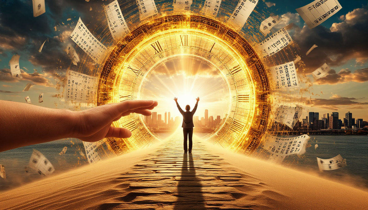 Величественный момент преображения: человек протягивает руку к сияющему порталу, сотканному из вихря часовых стрелок и календарных листов, где каждый миг «Сейчас» становится ступенью золотого моста, ведущего в проявленный город идеального будущего, а его тень позади превращается в рассыпающиеся песчинки прошлого.