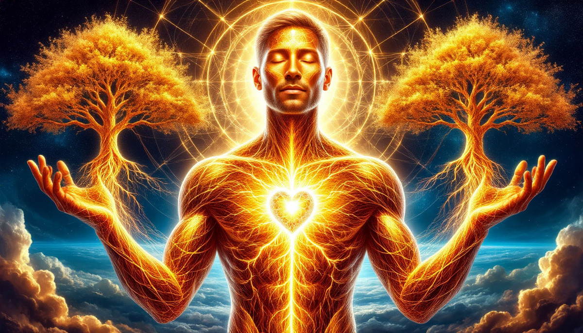 Величественный образ человека, чье тело соткано из золотых нитей вселенской паутины изобилия, где каждая клетка излучает сияние, а из раскрытых ладоней прорастают древа возможностей, уходящие корнями в вечное Сейчас и ветвями в сияющие реальности, где изобилие течет рекой через кристальный сердечный центр, соединяющий его с бесконечным источником мироздания.