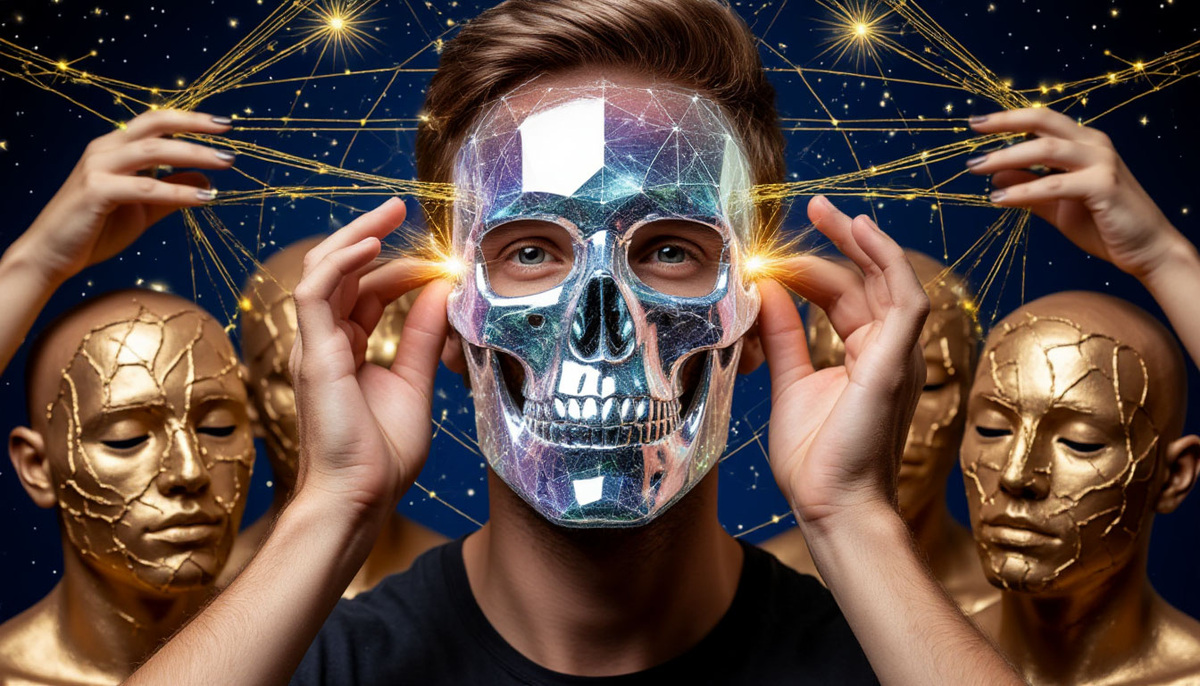 Величественный образ человека, снимающего с лица мерцающую маску-голограмму, под которой открывается сияющий хрустальный череп с вибрирующими внутри символами судьбы, а из трещин на окружающих его глиняных масках прорастают золотые нити, сплетающиеся в карту путеводных созвездий, ведущих к вратам из чистого света.