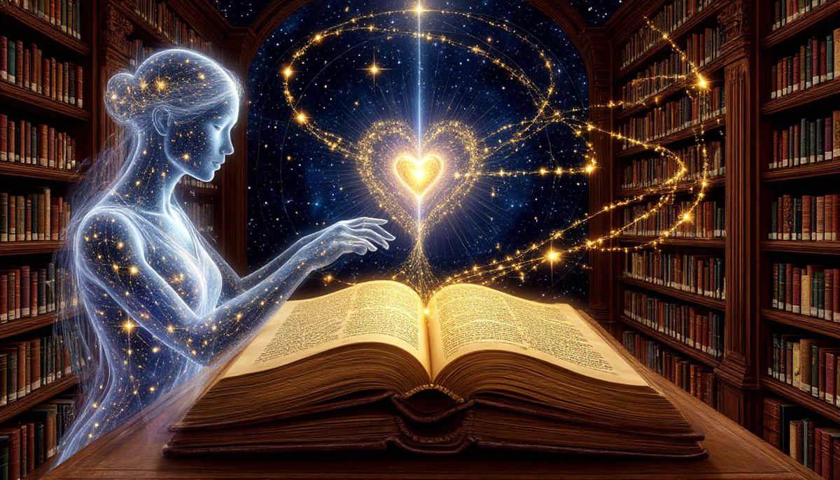 Величественная сцена в звёздной библиотеке вселенной, где прозрачная душа с сияющим сердечным центром прикасается к одной из фолиантов-реальностей на полках времени, и в момент выбора из книги прорастают золотые нити судьбы, сплетающиеся в живой атлас с картой уникального жизненного пути, освещённого светом изначального намерения.