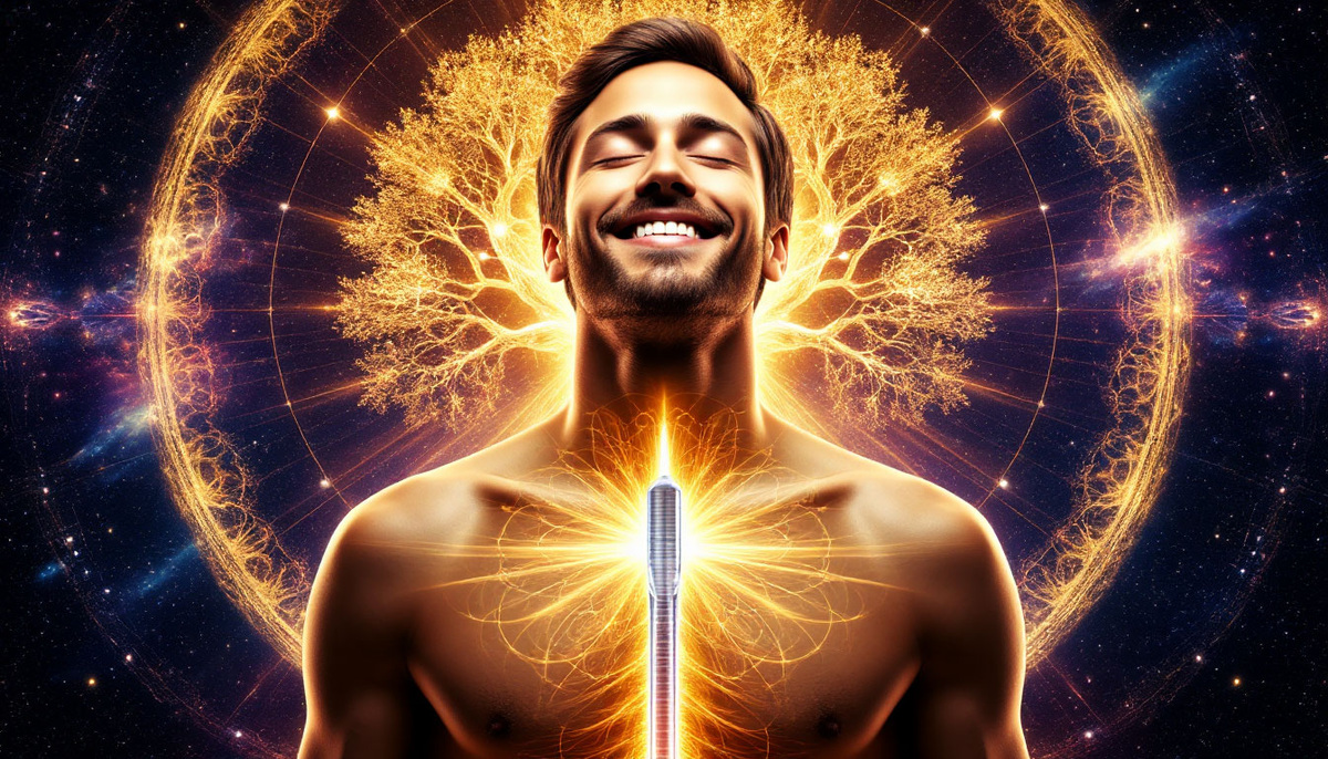 Величественный образ человека с закрытыми глазами и улыбкой покоя, в чьей груди вибрирует кристальный камертон, создающий золотые звуковые волны, резонирующие со структурой Вселенной — где каждое дерево, звезда и существо начинают светиться в унисон, рождая симфонию, в которой танец нейронов мозга сливается с космическим потоком, открывая источник вечного счастья в каждой клетке.