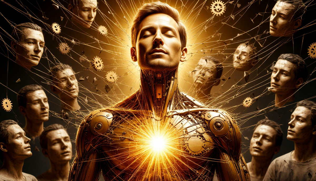 Величественный образ человека, из чьей груди вырывается золотой свет, разрывающий паутину марионеточных нитей, соединенных с механическими шестеренками системы, а с его плеч опадают глиняные маски социальных ролей, обнажая сияющее лицо, отраженное в осколках разбитого зеркала чужих ожиданий.